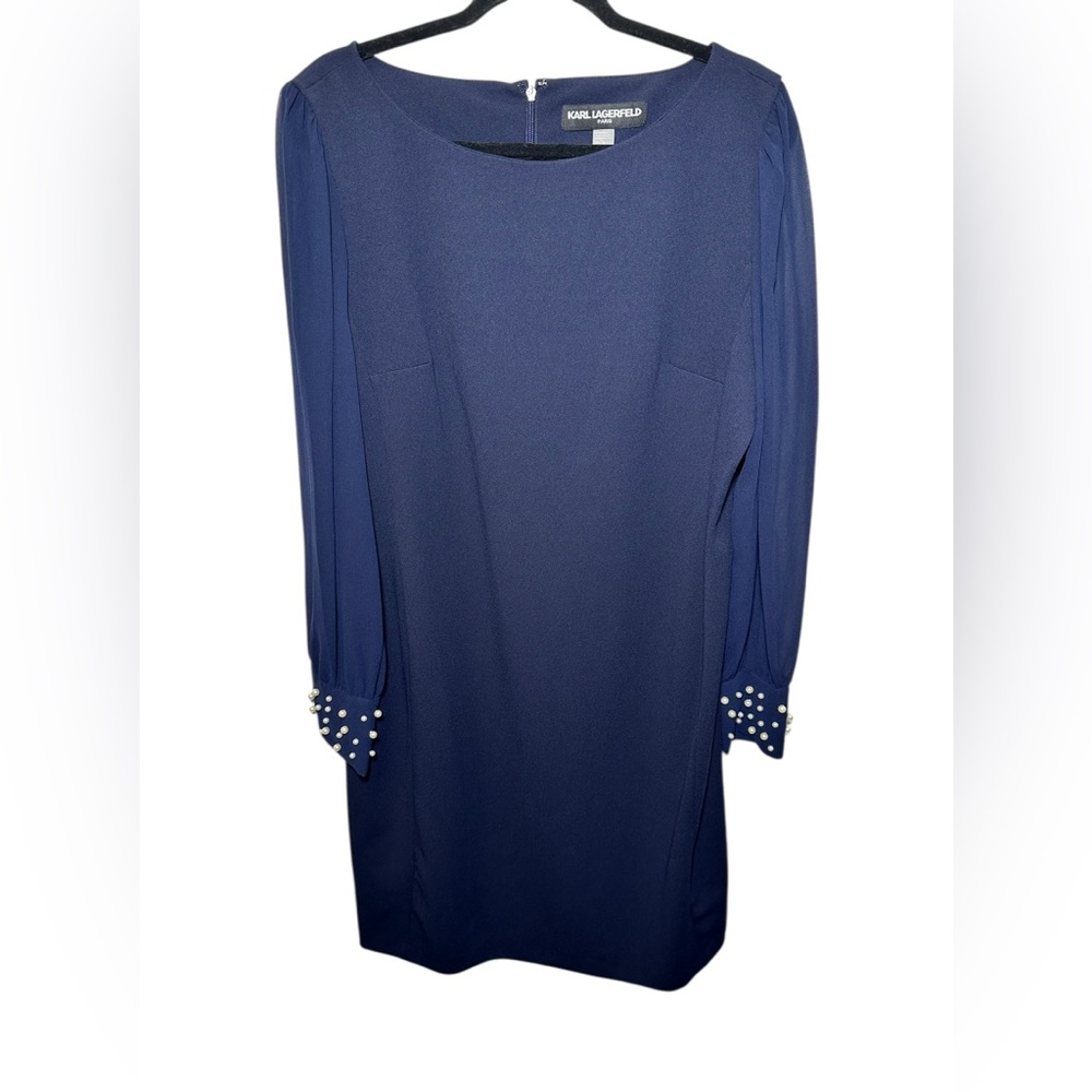 Karl Lagerfeld Paris Navy Blue Sheath Dress Pearl Cuff Long Sleeve Size 16